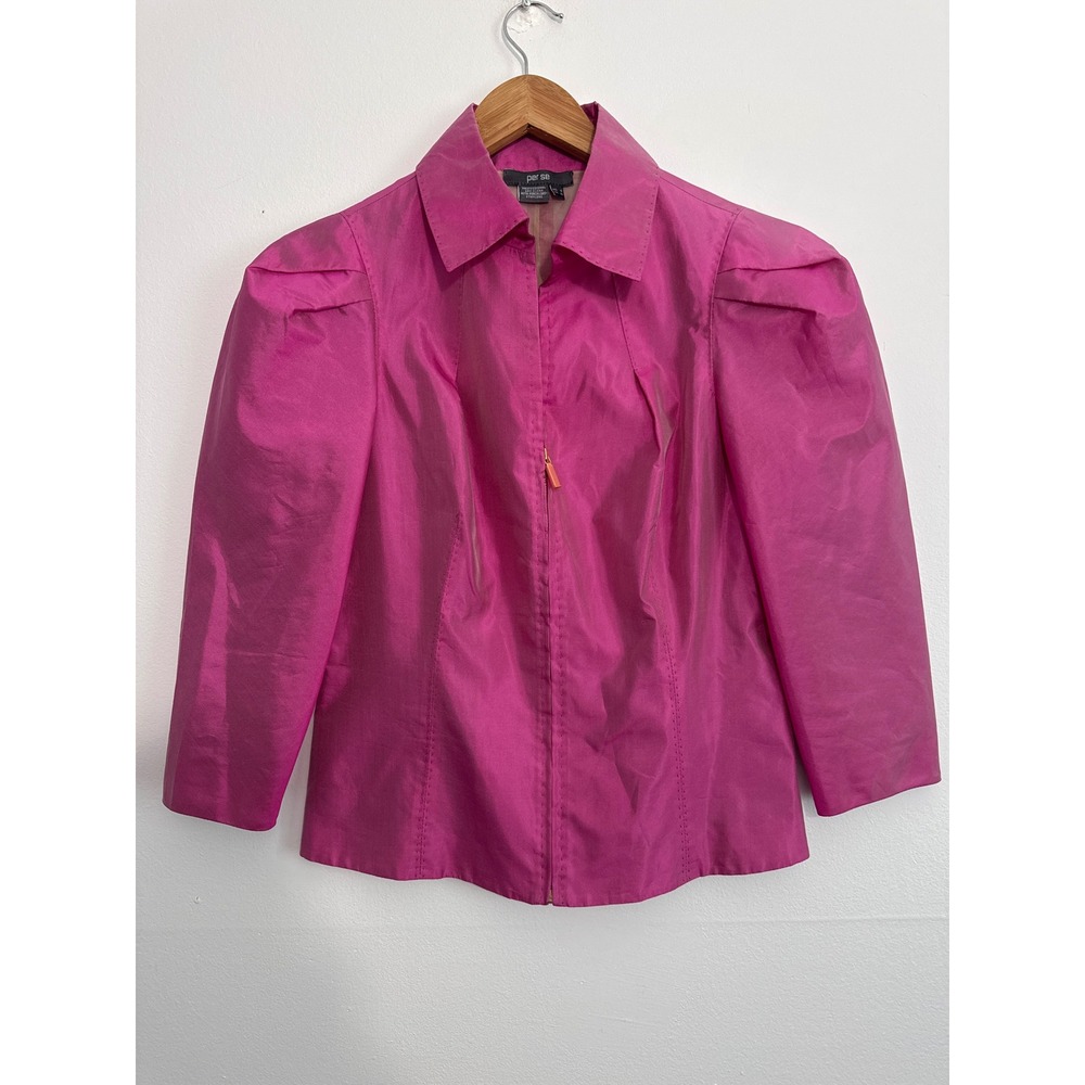 Per se Zip Front Jacket Womens 8 Pink Iridescent Puff Shoulder Tailored Blazer